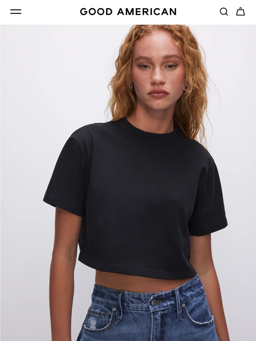 Good American Black Cropped Crewneck Tee